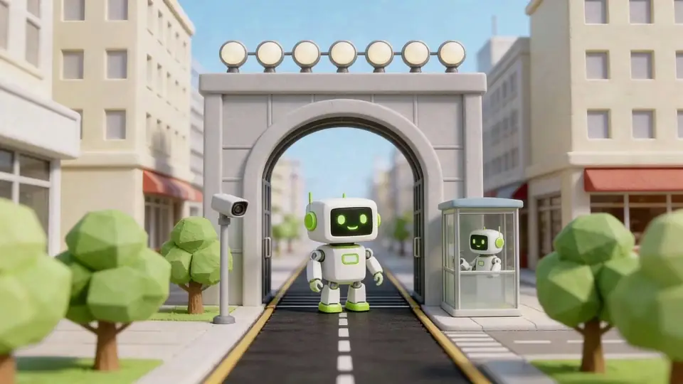 Voordat Nova de straat op gaat, loopt hij door een testpoort. Een camera en een tweede robot kijken mee.