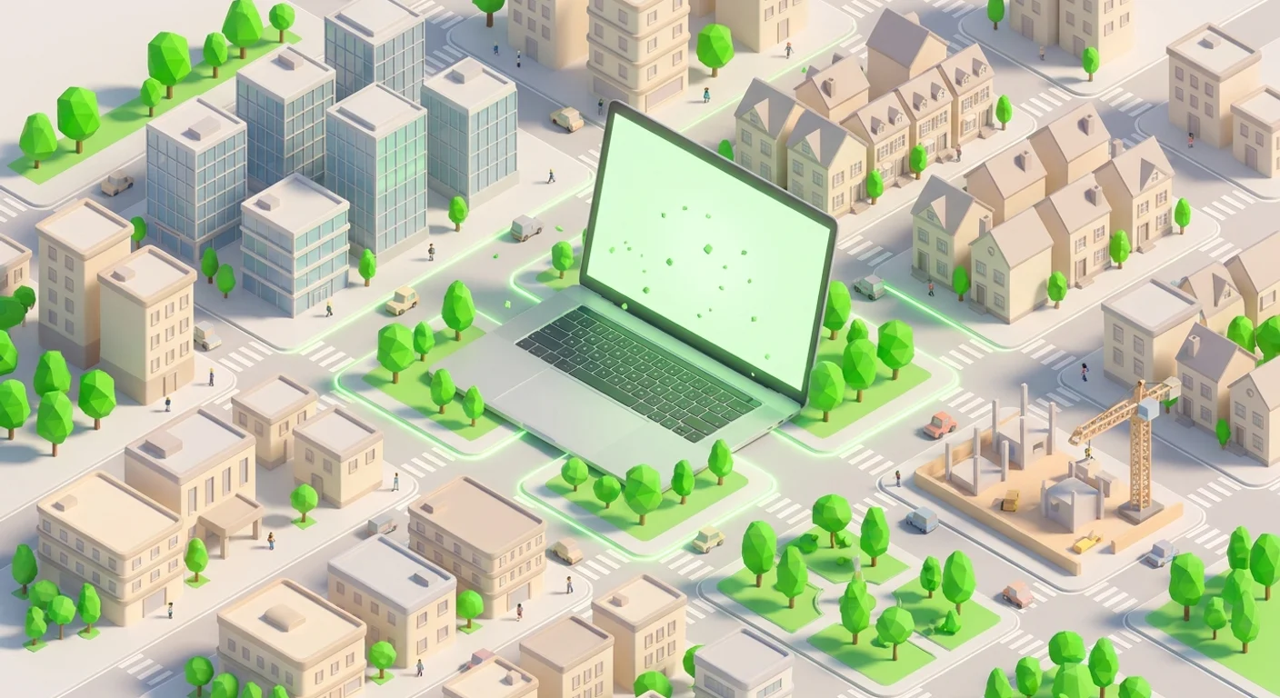 Low-poly miniatuurstad van bovenaf met een grote open laptop in het midden waar alle straten op uitkomen